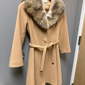 Vintage Camel Wool 3/4 Length Belted Coat with Fur Collar Satin Lined Gorgeous